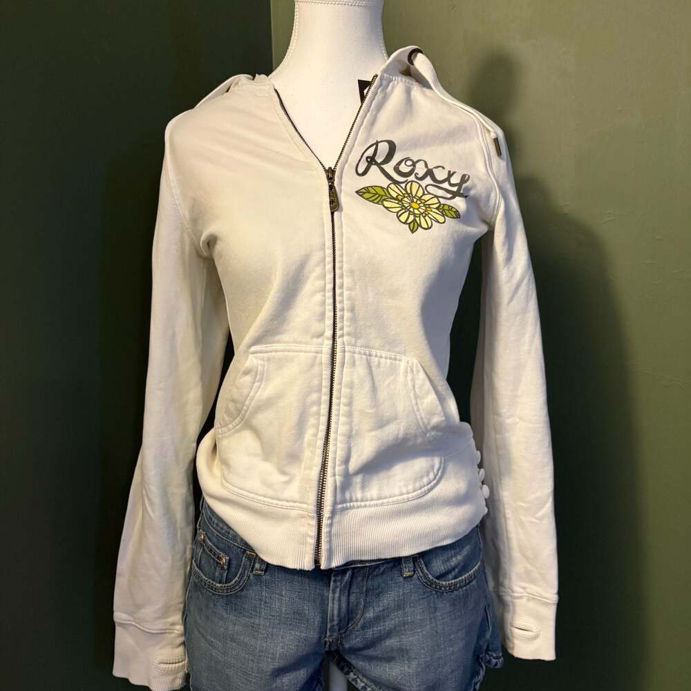 Roxy White Floral Graphic Full Zip Hoodie Size Small